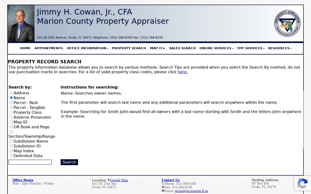 Marion County owner address and parcel search used for Ocala records