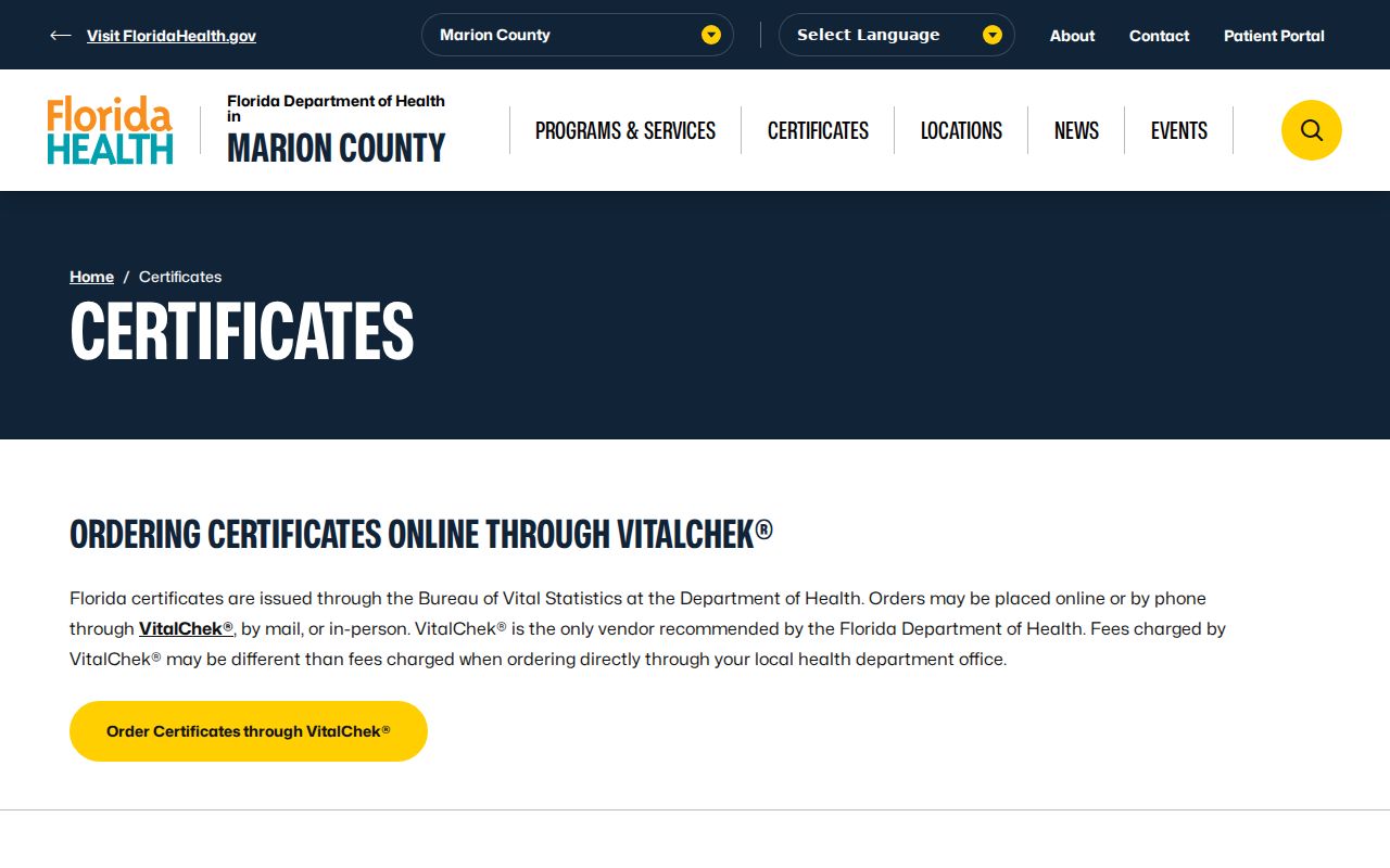 Marion County birth and death certificate access page