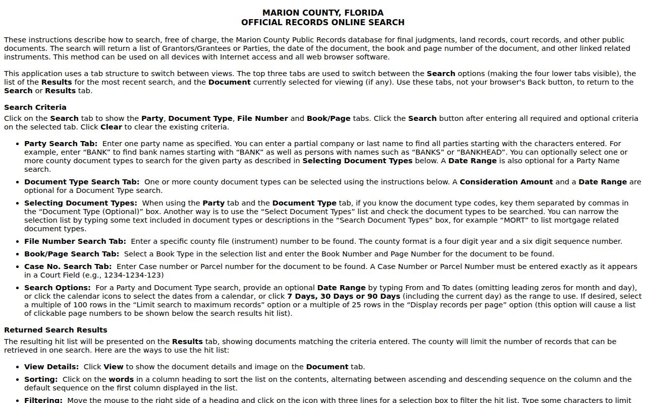 Marion Official Records search instructions for an Ocala resident lookup
